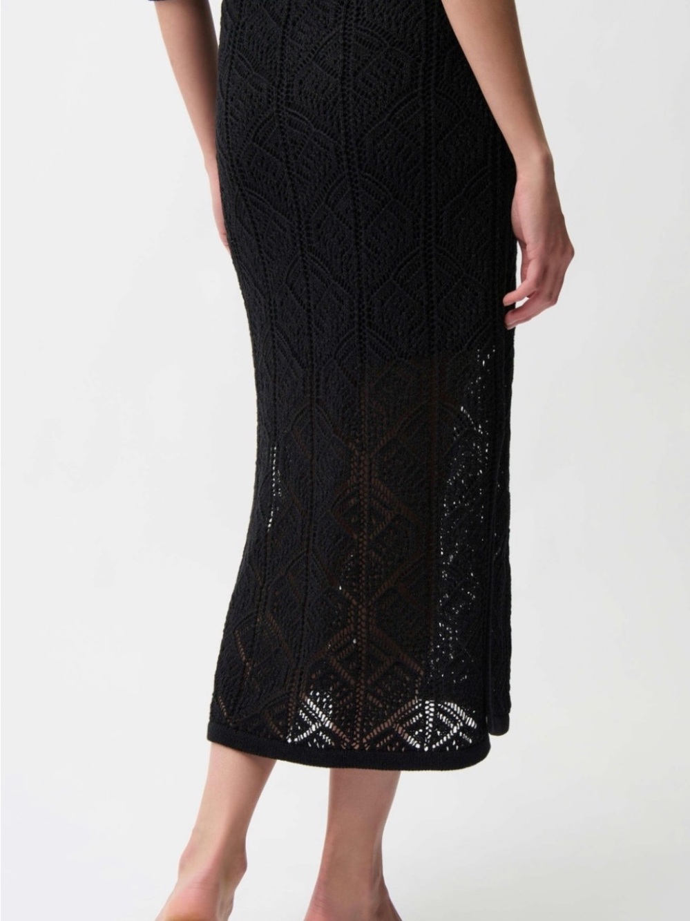 Joseph Ribkoff Style 261928. Black Crochet Knit Midi Skirt.
